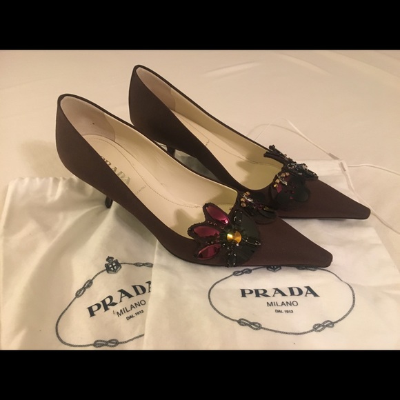 Prada Italy Chocolate Brown Jeweled Satin Pumps - Picture 2 of 6